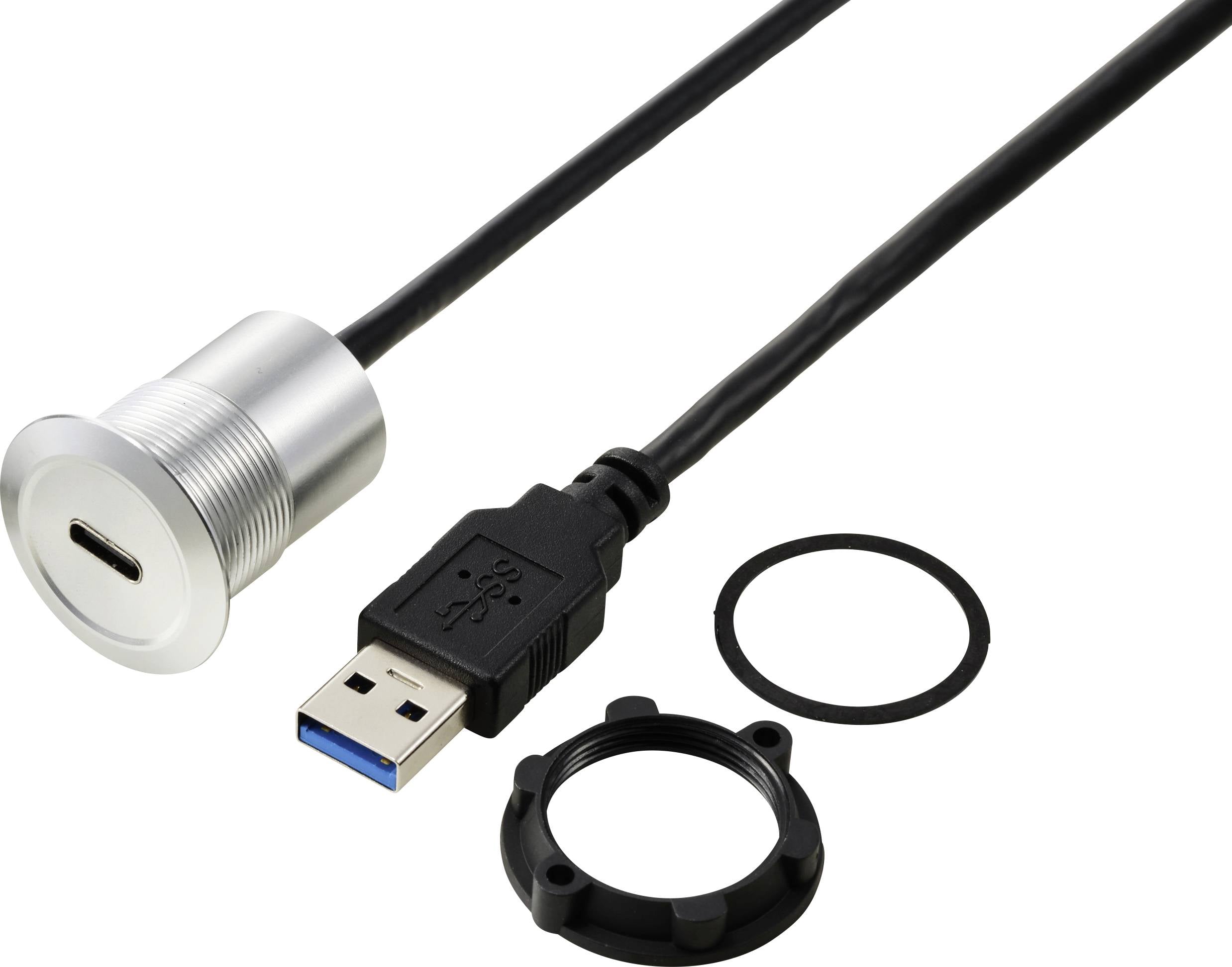 'USB 3.0 naar USB-C doorvoerbus' toont een USB-A-stekker, een USB-C-aansluiting met zilveren rand en bevestigingsringen.