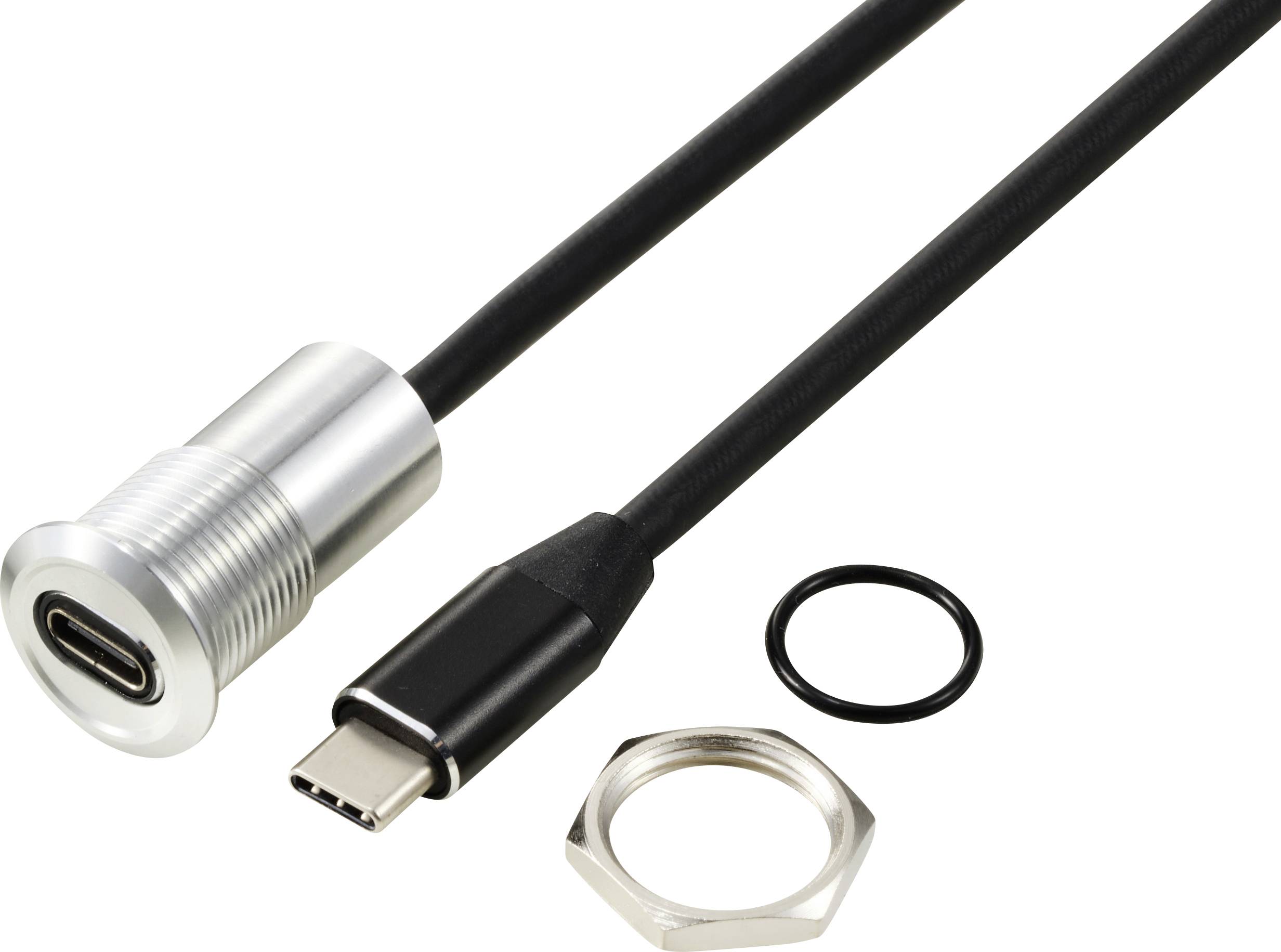 USB-C-kabel met ronde metalen bus, zwart kabel en bijpassende montagecomponenten, inclusief afdichting en moer.