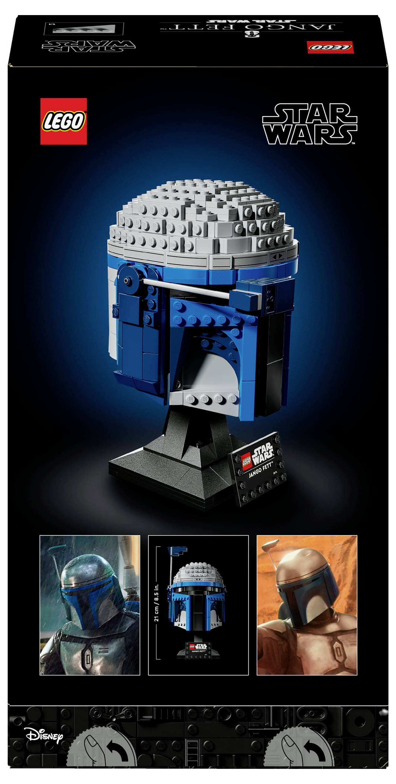 LEGO-set-verpakking toont Mandalorian-helm. Bevat afbeelding van de voltooide helm, LEGO-logo en Star Wars-logo.