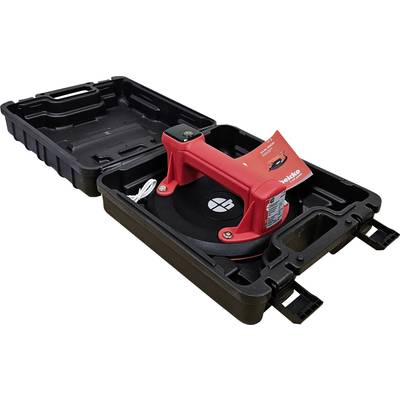 Draagbare glasheffer in een zwarte koffer met rode handgreep en toebehoren. Apparaat is bedoeld voor het tillen van zware glas- of oppervlaktematerialen.