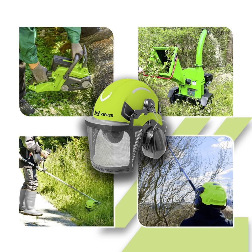 Een collage toont drie tuingereedschappen: een zaag, een hakselaar en een bosmaaier. Op de voorgrond staat een veiligheidshelm.