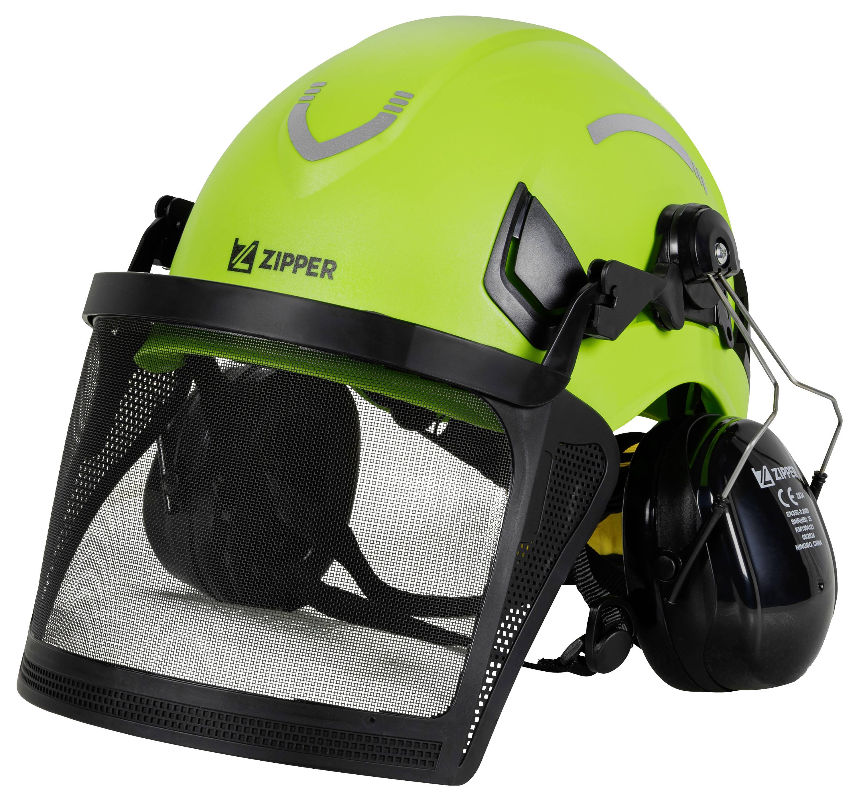 Groene veiligheidshelm met vizier en gehoorbescherming van het merk Zipper, geschikt voor veiligheidswerkzaamheden.
