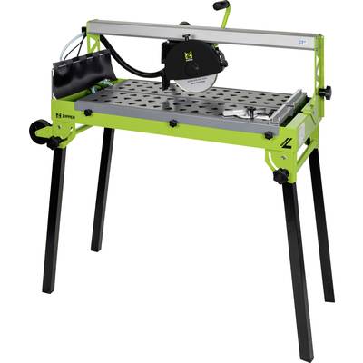 Een groene tegelsnijmachine met een zwarte snijschijf op een stabiele tafel, geschikt voor nauwkeurig tegelsnijden.