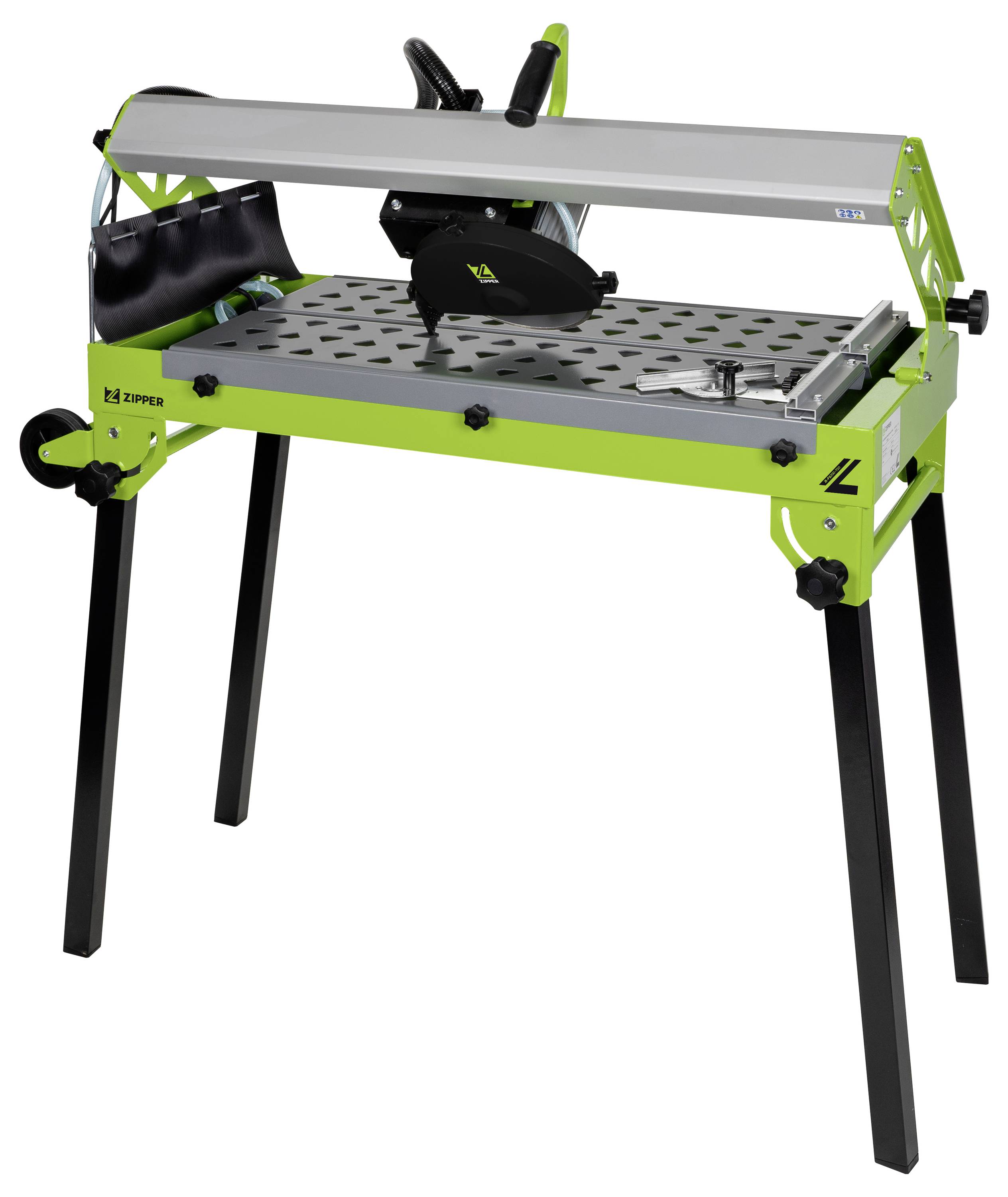 Een groene, opvouwbare werktafel met geïntegreerde zaag en zwart frame. Ideaal voor doe-het-zelf projecten.