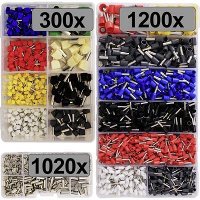 Assortiment van adereindhulzen in verschillende kleuren en maten. Hoofddoos: 300x, 1200x; kleinere doos: 1020x.