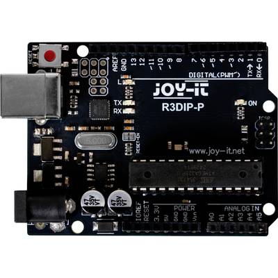 Arduino-compatibel bord met USB-, stroom- en pinverbindingen, gemarkeerd met 'joy-it R3DIP-P'. Geschikt voor elektronische projecten.