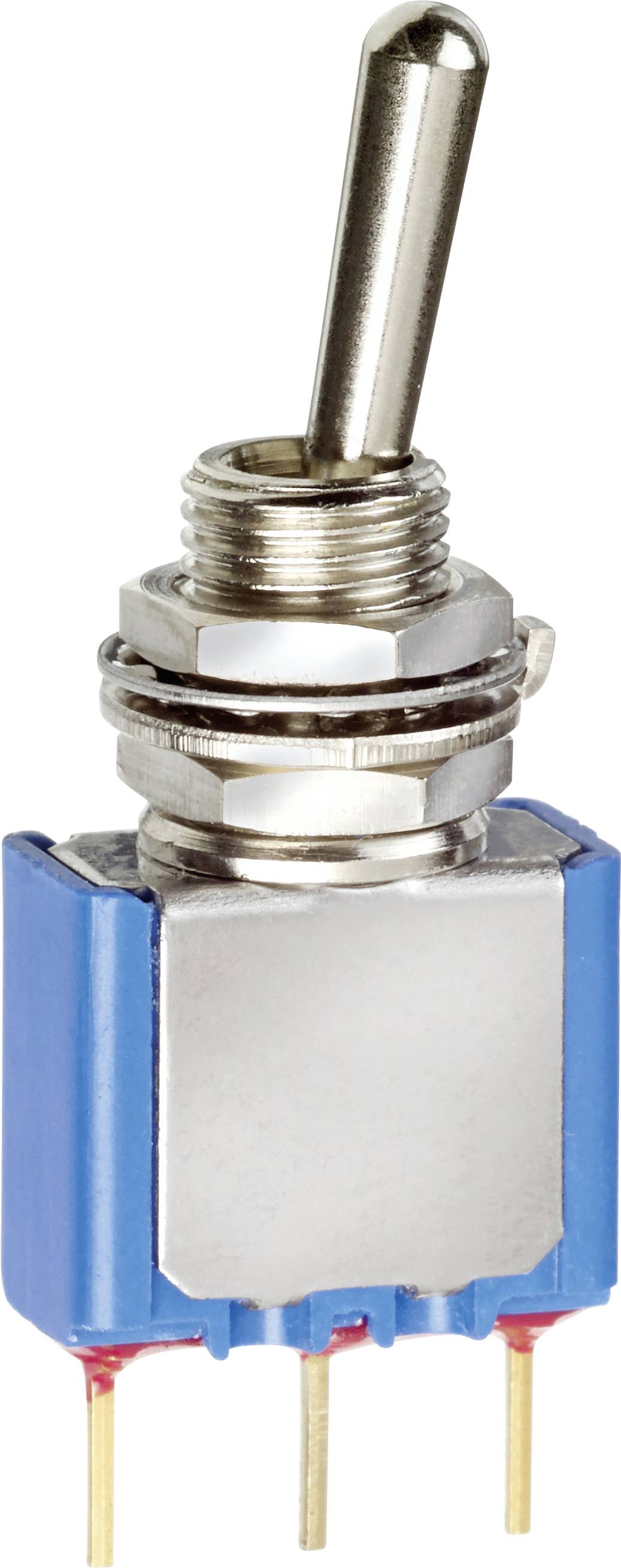 Een kleine tuimelschakelaar met een blauwe basis en een zilveren hendel, monteerbaar, met drie aansluitingen aan de onderkant.