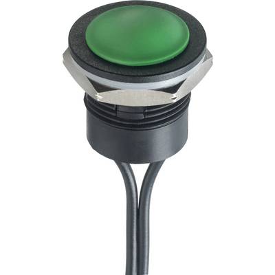 Ronde groene drukknop met zwarte behuizing en twee kabels. Ontworpen voor industriële besturingen of bedieningspanelen.