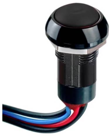 Een ronde, zwarte drukknop met drie uitstekende kabels in blauw, rood en zwart; geschikt voor elektronische toepassingen.