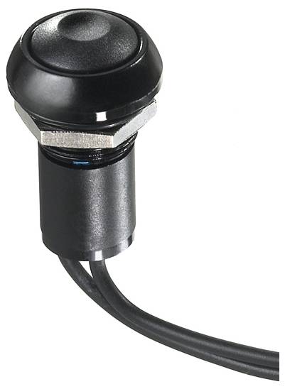 Zwarte drukknop met kabel, geschikt voor elektronische toepassingen of machinebediening.