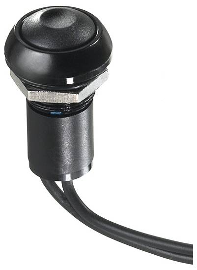 Close-up van een zwarte schakelaar met kabel. De schakelaar heeft een ronde toets en is geschikt voor elektrische besturingen.