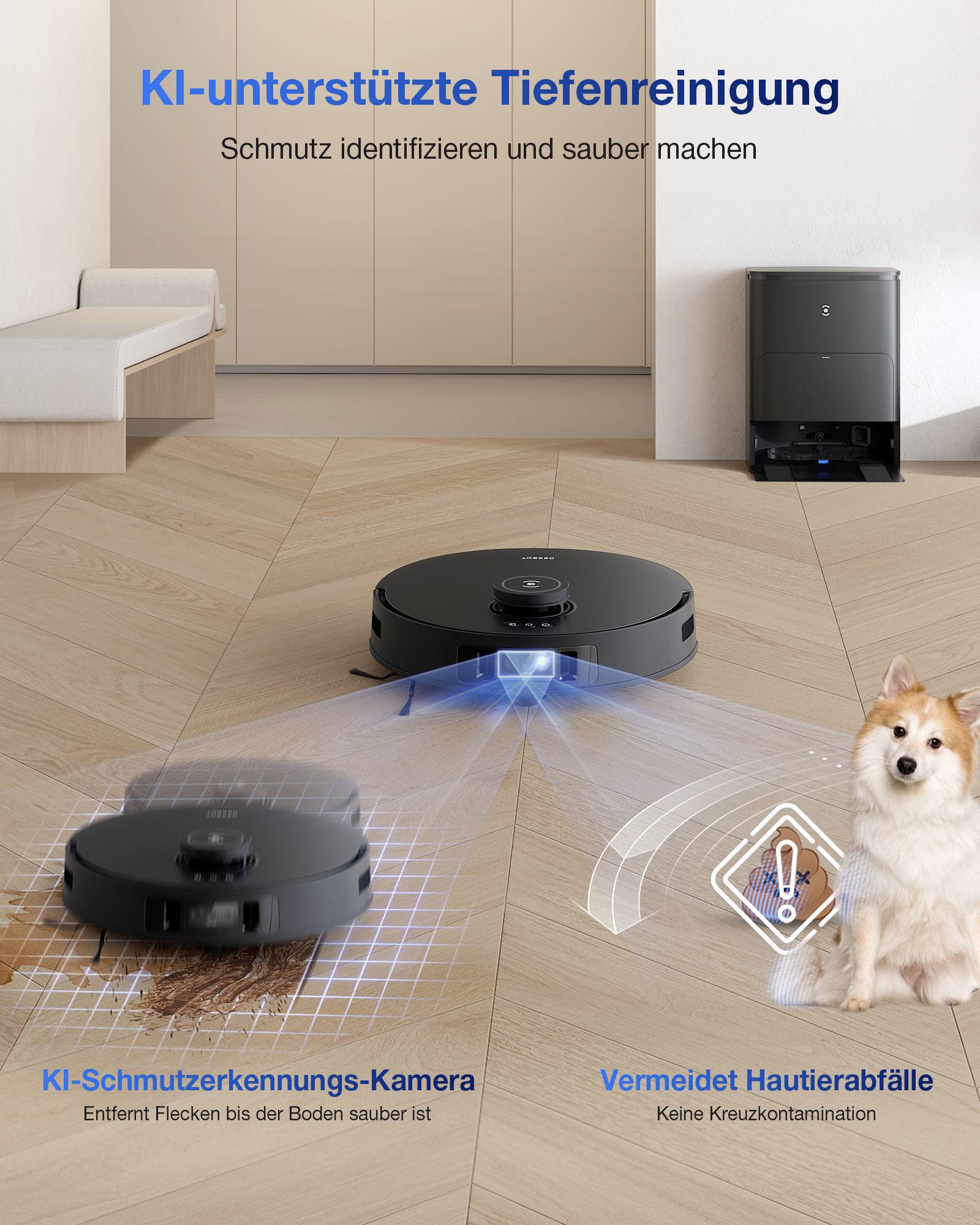 'AI-ondersteunde diepreiniging' toont een robotstofzuiger met AI-technologie voor vuilherkenning en vermijding van dierlijke uitwerpselen.