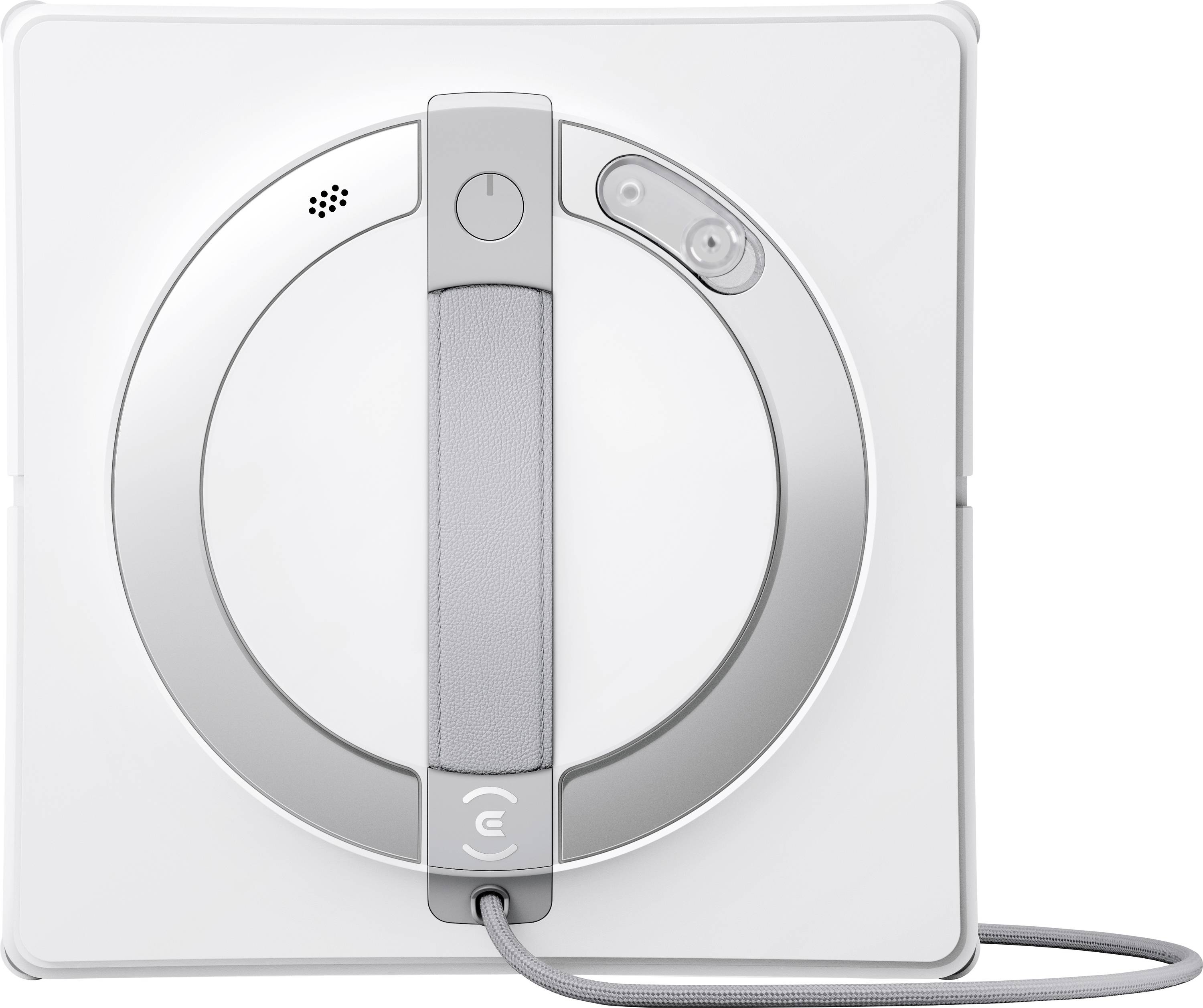 Een witte, vierkante raamreinigingsrobot met grijze details en een handgreep. Een kabel is aan de onderkant bevestigd.
