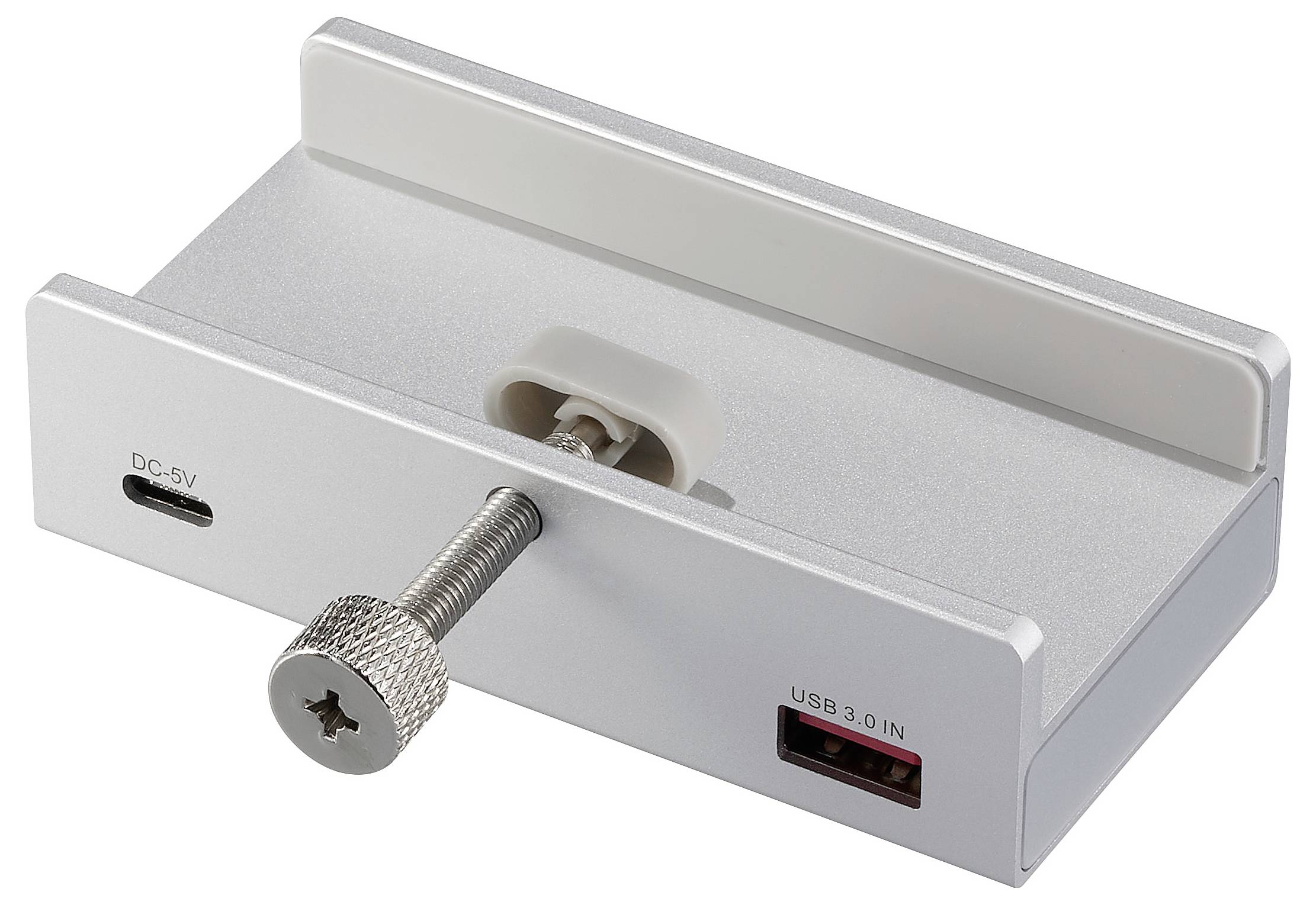 Een zilveren USB-dockingadapter met USB 3.0-aansluiting en DC-5V-ingang. Bevat een schroef voor bevestiging.