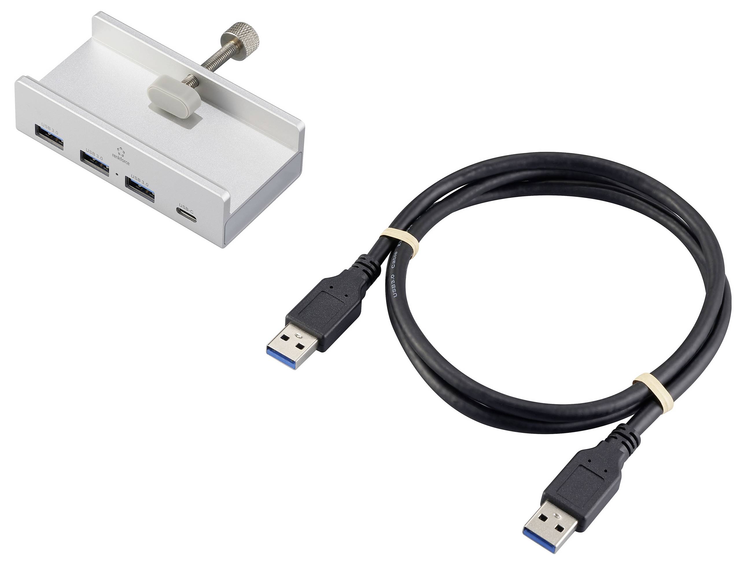 USB-hub met drie poorten en schroefbevestiging, naast een USB-kabel, liggend op een witte achtergrond.