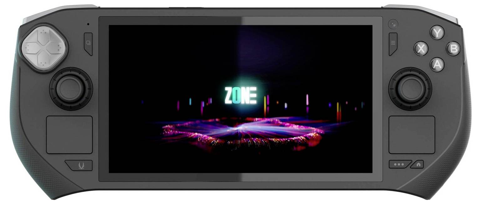 Draagbare gameconsole met een scherm waarop het woord 'ZONE' staat in felgekleurde letters, omringd door abstracte lichteffecten.
