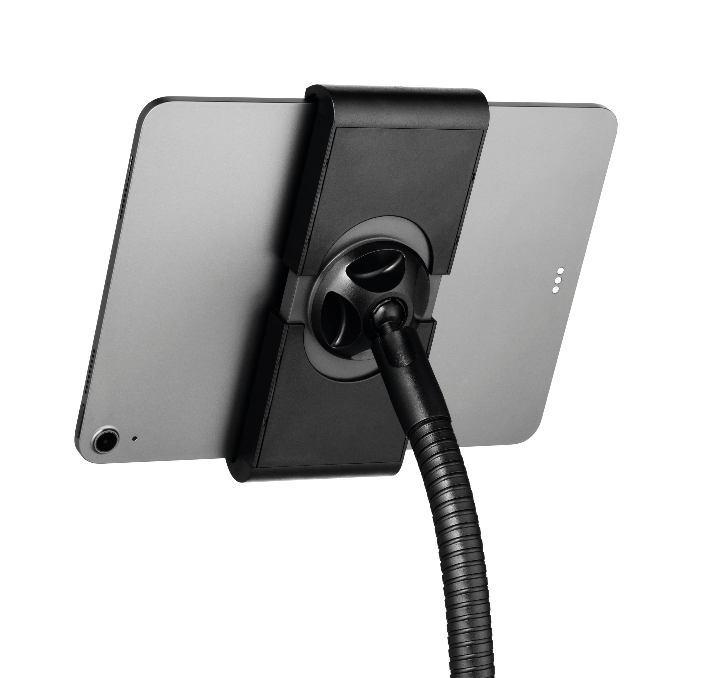 Een tablet, bevestigd aan een flexibele standaard, maakt vrije beweging en positionering mogelijk. Ideaal voor handsfree gebruik.