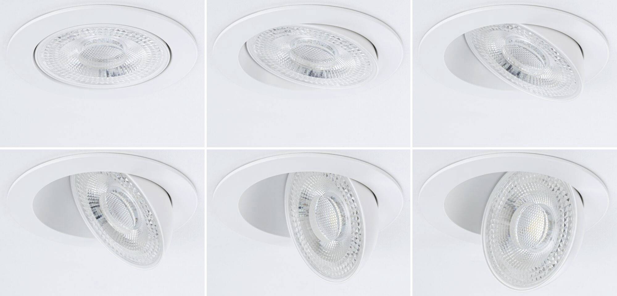 Zes draaibare LED-plafondspots in witte inbouwbehuizingen, die verschillende richtingen van de lichtbundels laten zien.