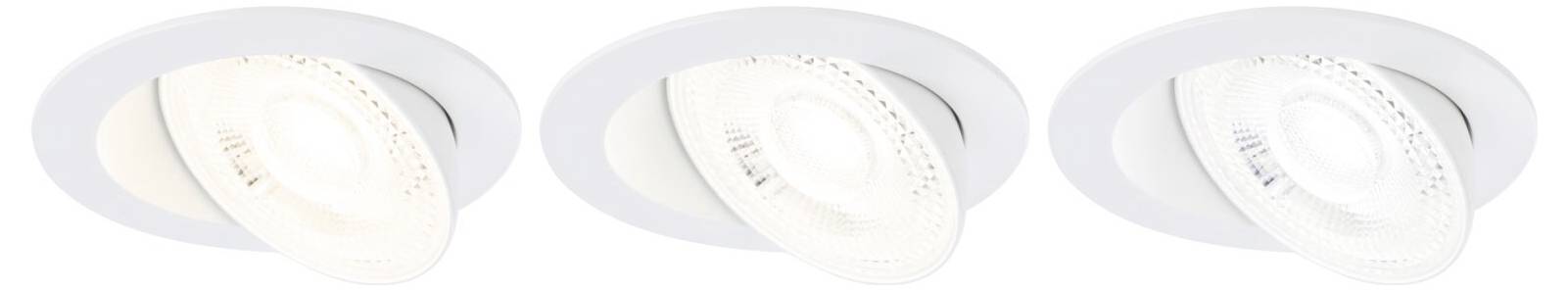 Drie LED-inbouwspots in verschillende kleurtemperaturen: warmwit, neutraalwit en koudwit, op witte achtergrond.