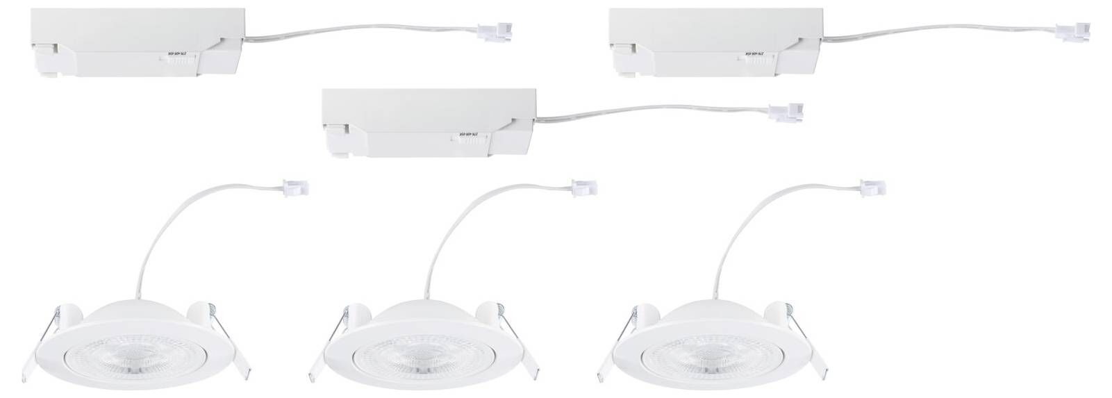 Vijf witte LED-inbouwspots met aansluitkabels. Bovenaan drie voedingen, onderaan drie ronde spots in een schuine positie.