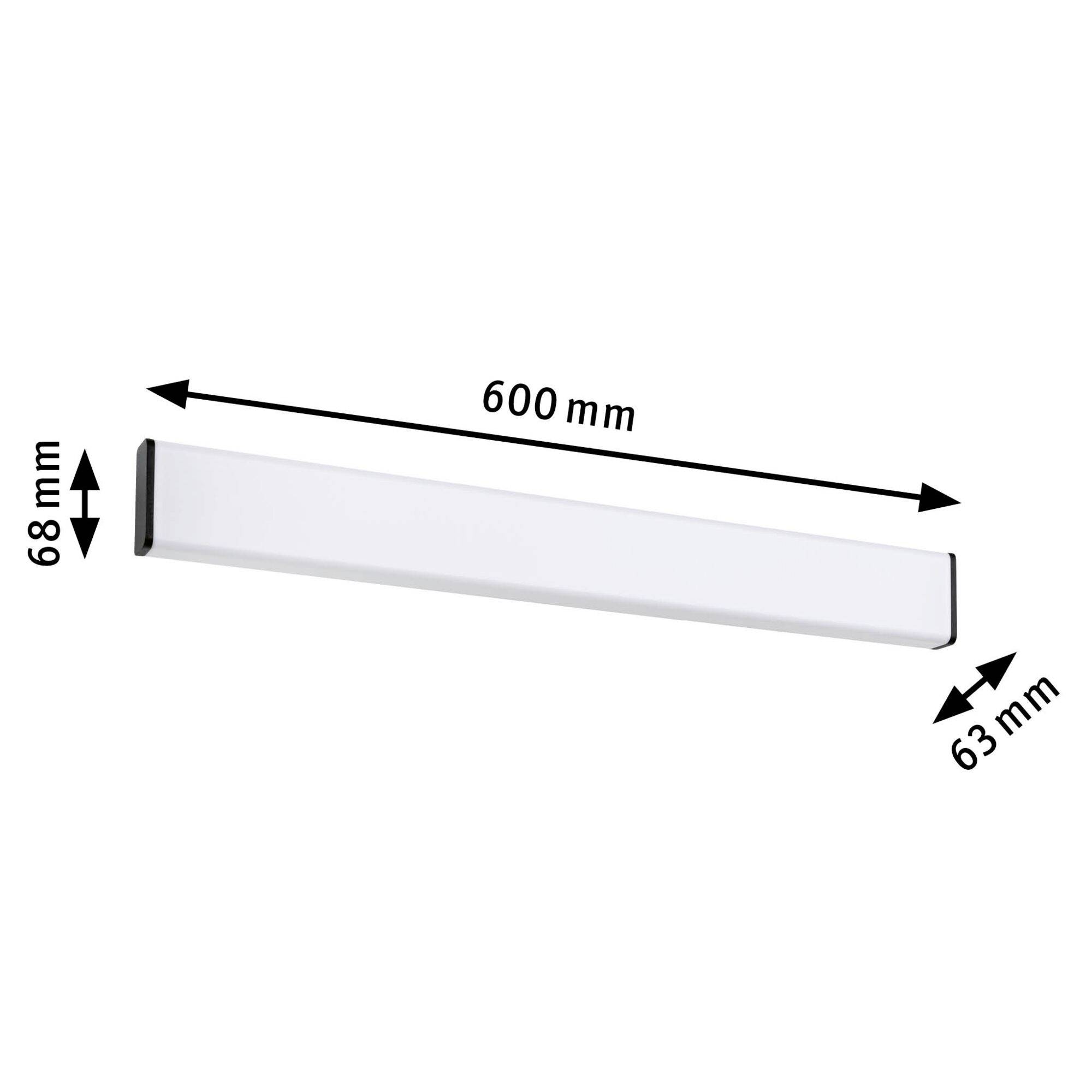 Een rechthoekige lichtbalk met de afmetingen: 600 mm lengte, 68 mm hoogte en 63 mm diepte.