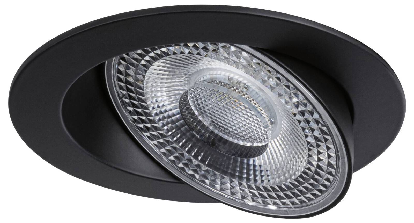 Zwarte, ronde inbouwspot met verstelbare zilveren reflector en helder glas, geschikt voor moderne verlichting.