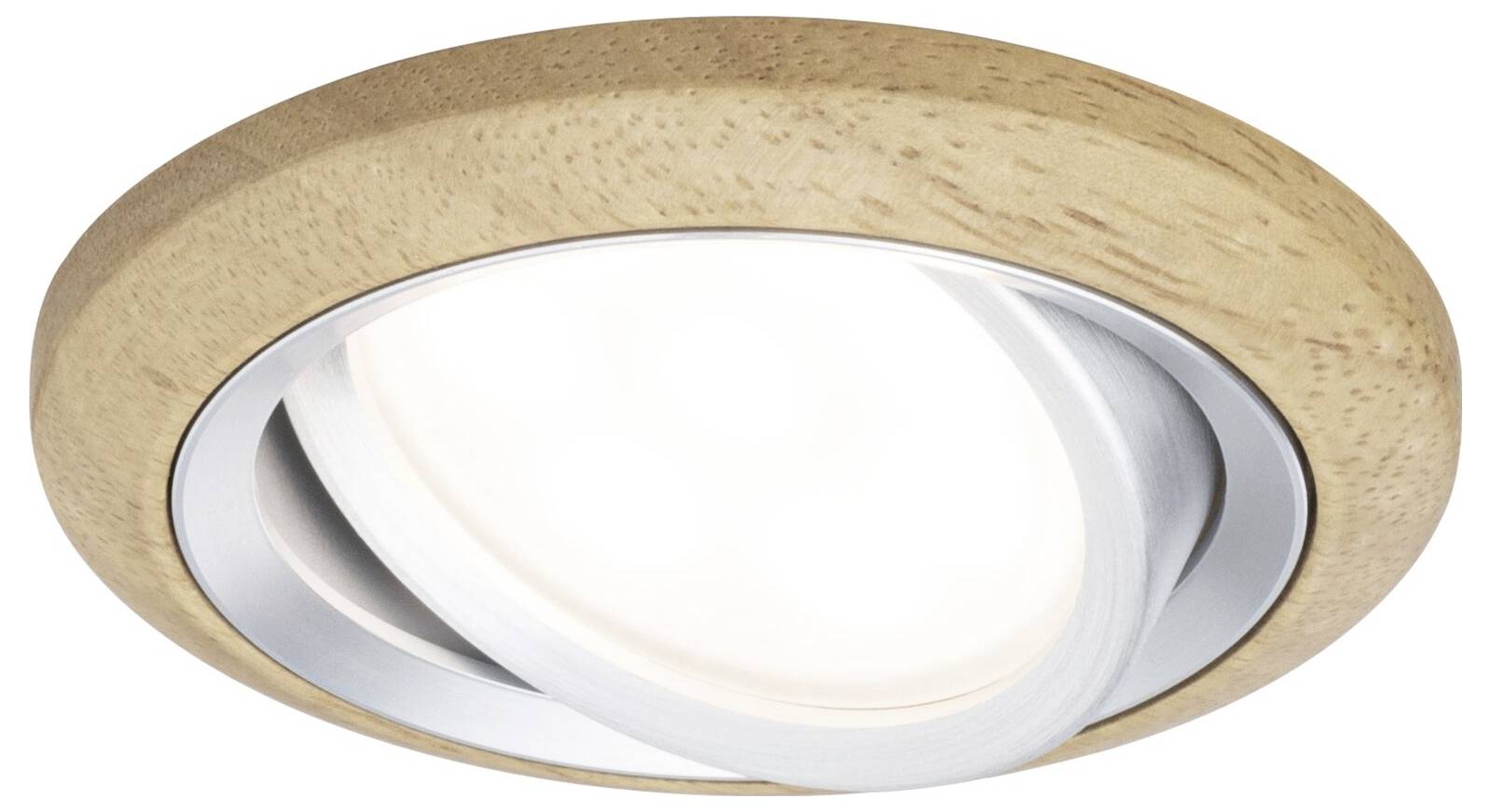 Ronde plafondlamp met houten frame en zilveren accenten, geschikt voor moderne leefruimtes. Hij verspreidt een diffuus, warm licht.