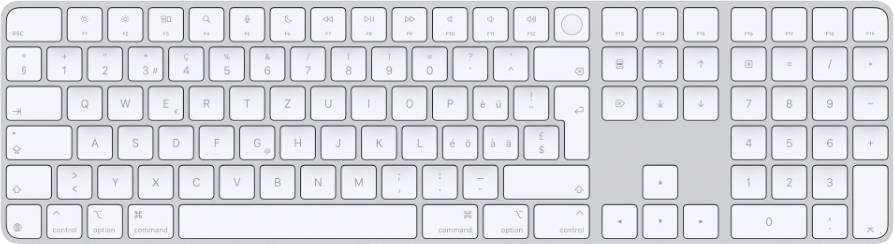 Een witte QWERTZ-toetsenbord met standaard toetsindeling, inclusief numeriek toetsenblok aan de rechterkant.