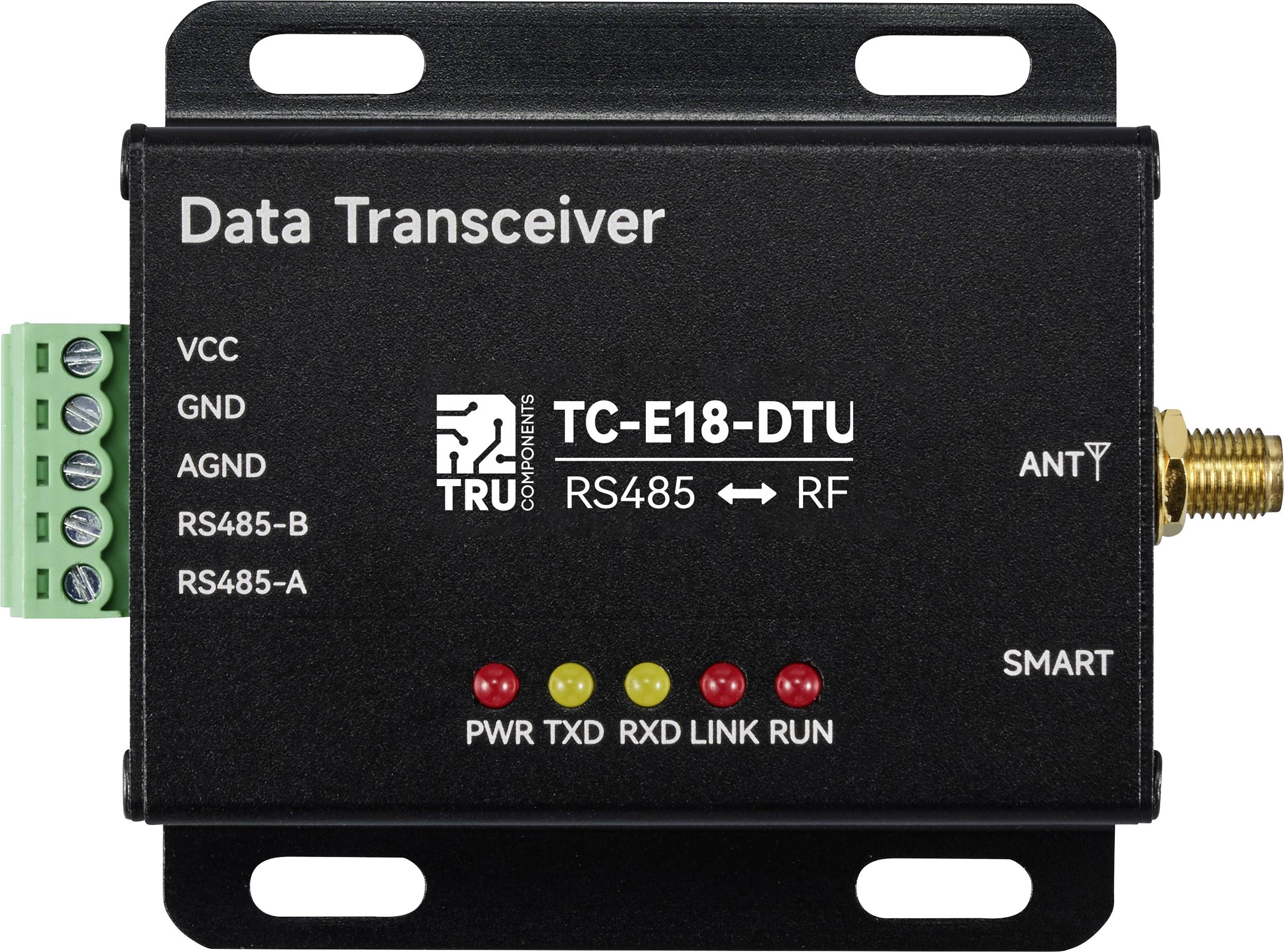 'Data Transceiver TC-E18-DTU' met aansluitingen en LED's: 'PWR', 'TXD', 'RXD', 'LINK', 'RUN'. Ondersteunt RS485 naar RF-verbinding.