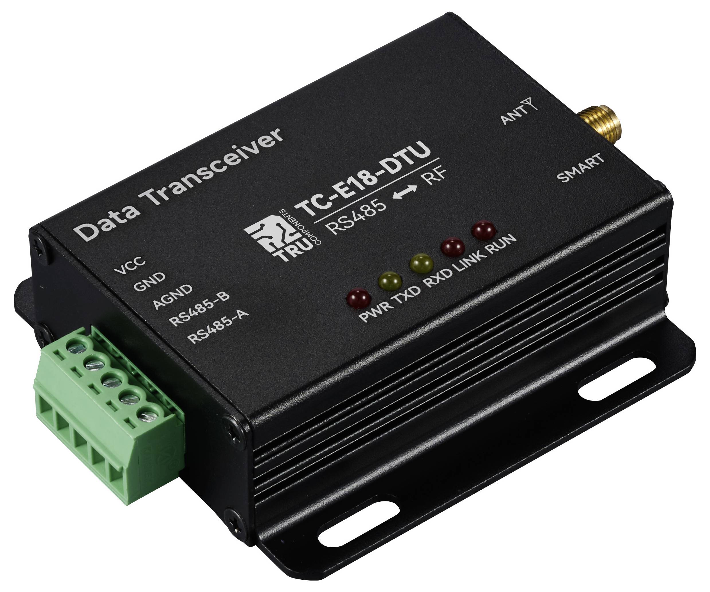 Gegevens-transceiver 'TC-E18-DTU' met RS485 naar RF-converter, zwarte behuizing, groene aansluitklemmen en opschriften op de bovenzijde.