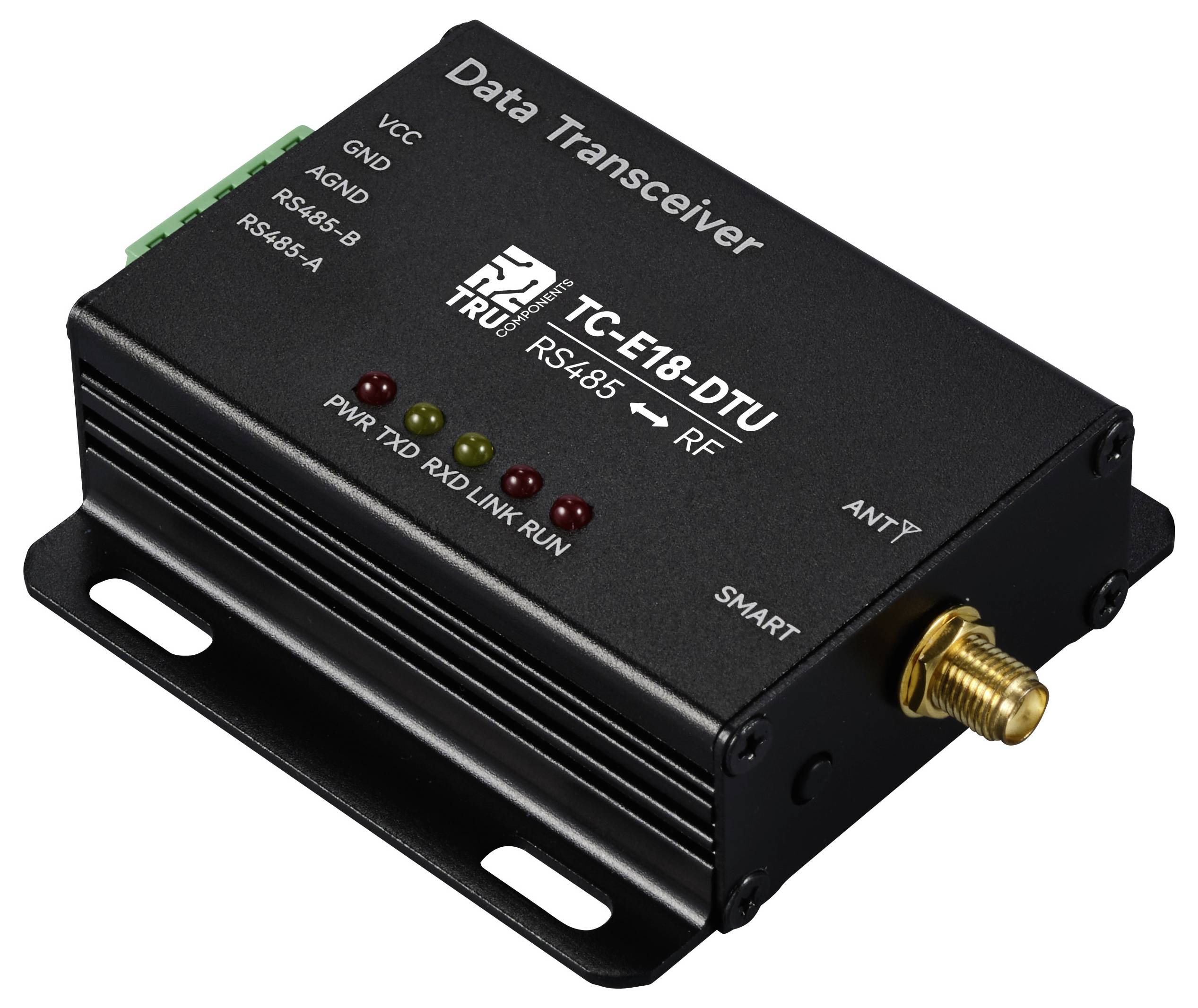 Draadloze data-transceiver met RS485-interface en antenne-aansluiting, model 'TC-E18-DTU', heeft vier status-LED's.