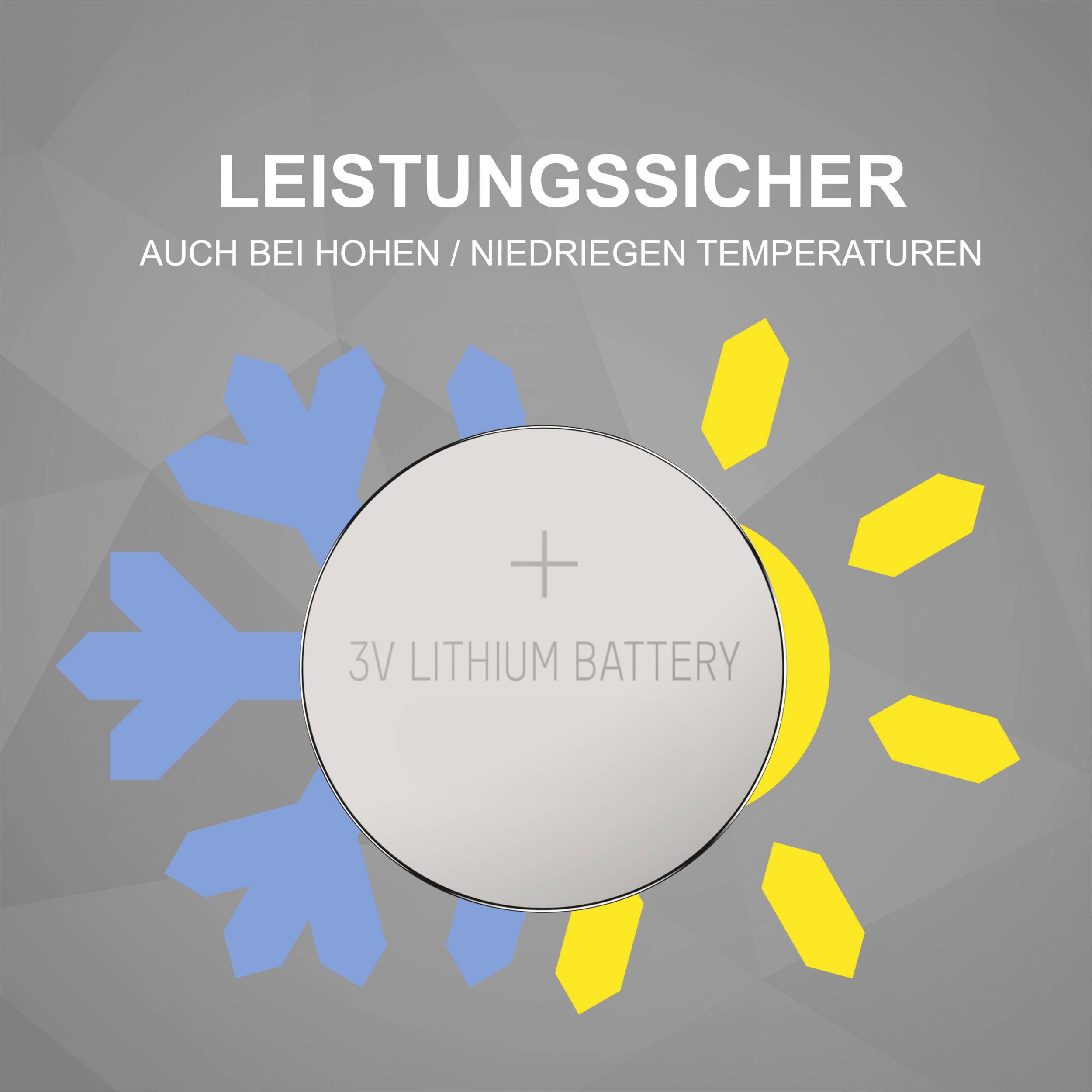 '3V Lithium-batterij' in het midden, omgeven door een blauwe sneeuwvlok links en een gele zon rechts. Tekst bovenaan: 'Prestatiebetrouwbaar bij hoge/lage temperaturen'.