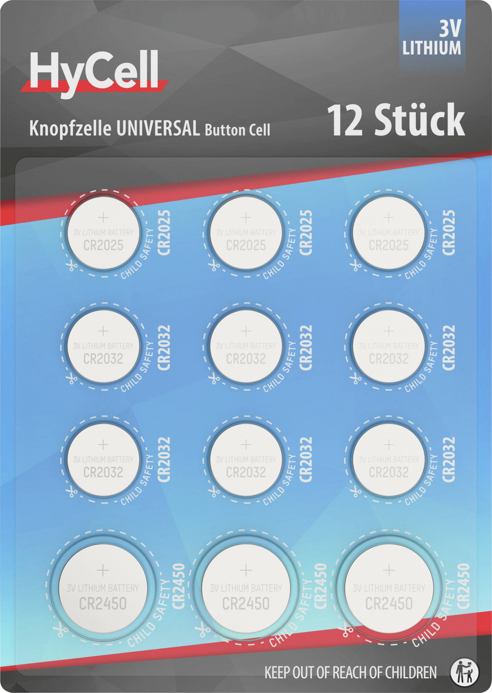 Verpakking met 12 HyCell 3V lithium-knoopbatterijen CR2032. Waarschuwing: 'Buiten bereik van kinderen houden'.