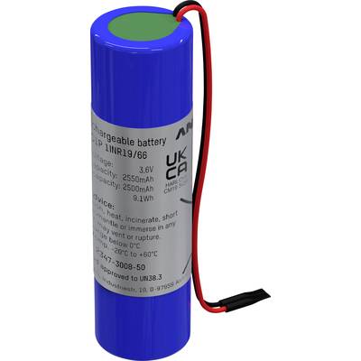 Blauwe cilindrische accu met aansluitkabel en opdruk. Spanning: 3.6V, capaciteit: 2550mAh. Waarschuwingen en technische details.