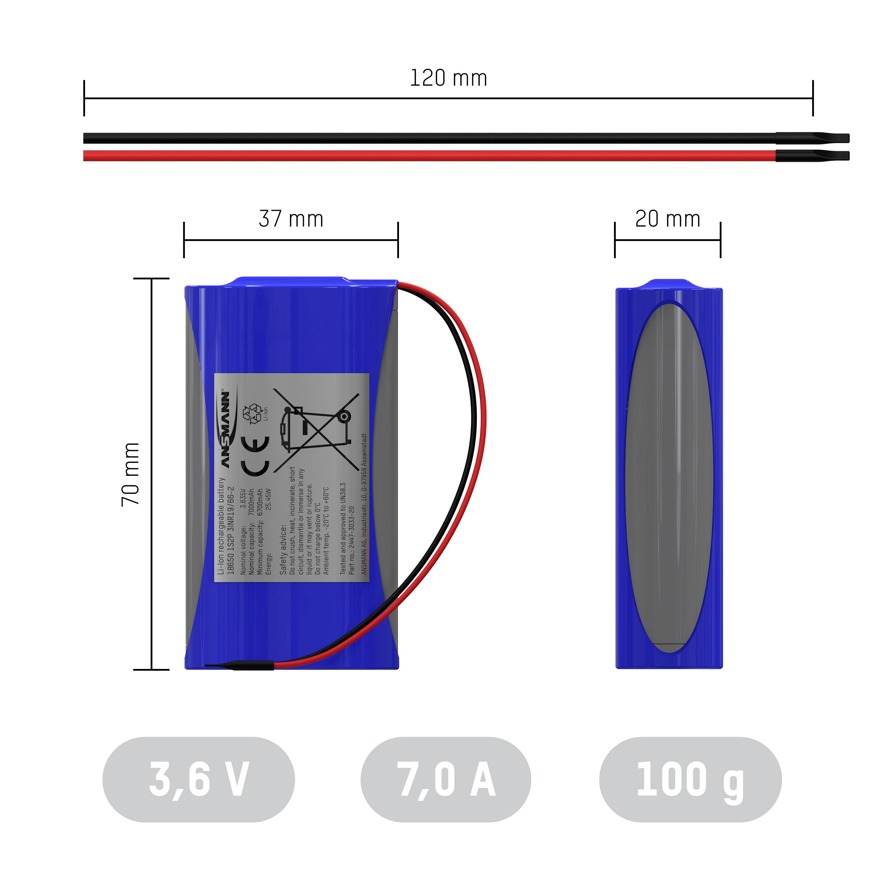 Een blauwe accu met afmetingen: 120 mm x 20 mm x 70 mm. Spanning 3,6 V, capaciteit 7,0 A, gewicht 100 g. Toont CE-markering en kabel.