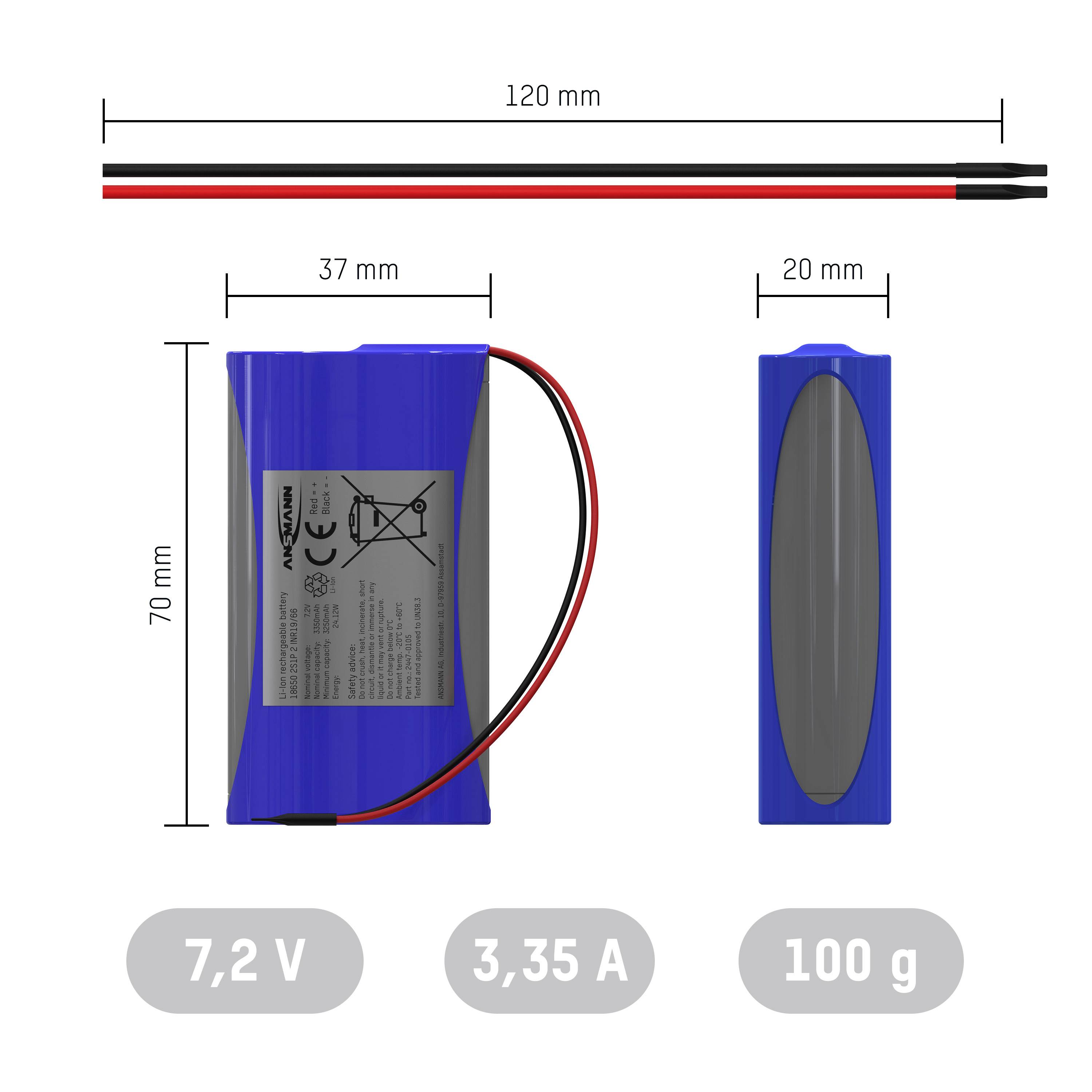 '7,2 V 3,35 A 100 g' Batterij met blauwe behuizing, 120 mm kabel. Afmetingen: 70 mm x 37 mm x 20 mm.