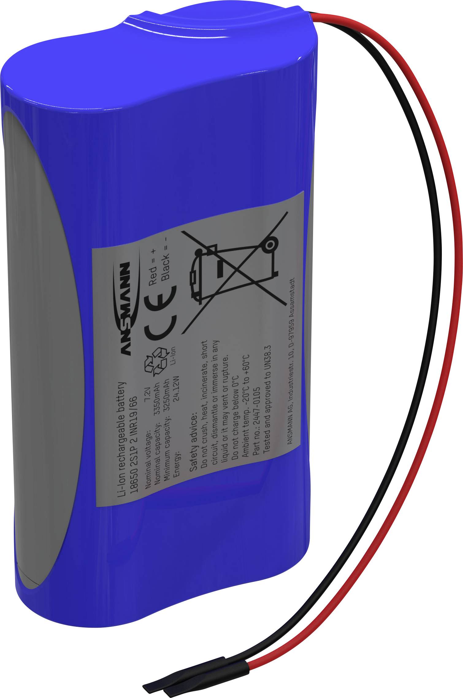 Blauwe lithium-ion accu met kabels en etiket met technische tekst, een CE-markering en een symbool dat vuilnisbakken aangeeft.