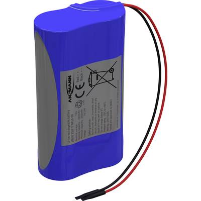 Blauwe lithium-ion accu met kabels en etiket met technische tekst, een CE-markering en een symbool dat vuilnisbakken aangeeft.