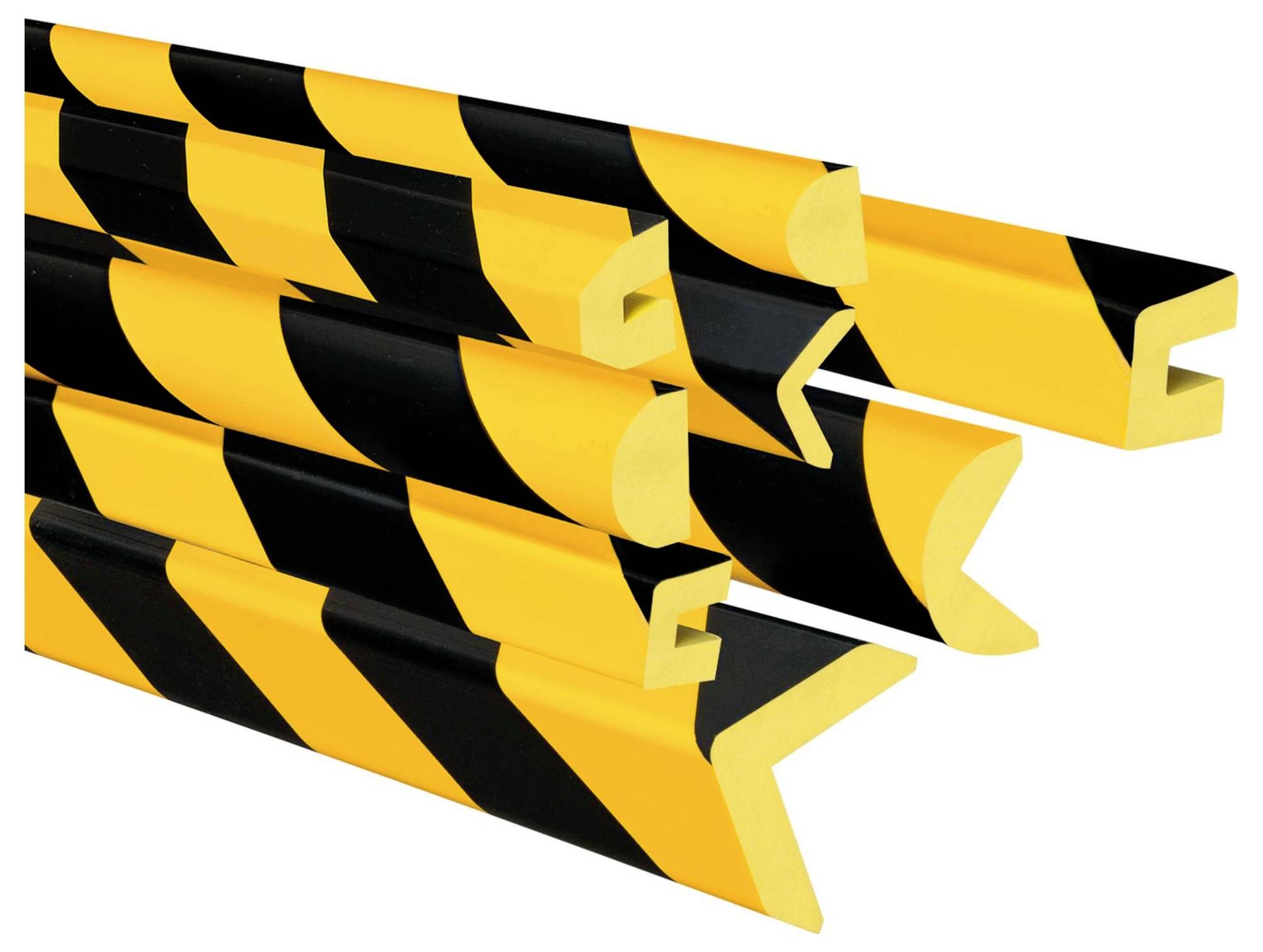 Meerdere geel-zwarte beschermstrips met verschillende hoekvormen, gebruikt voor ongevalpreventie bij hoeken en randen.