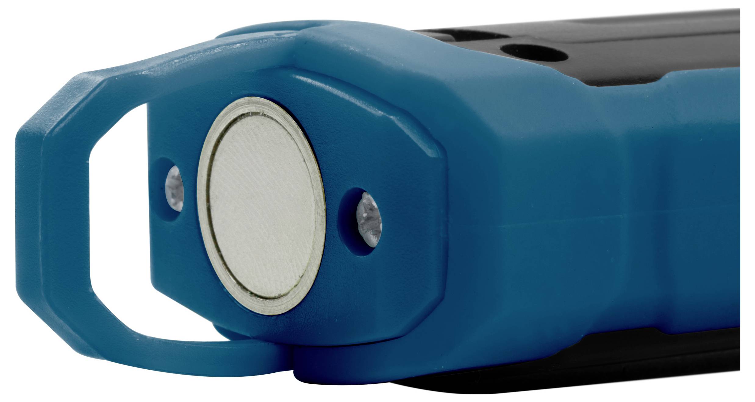 Een blauwe, magnetische gereedschapsriemhouder met metalen schijf, die geschikt is voor bevestiging aan metalen oppervlakken.