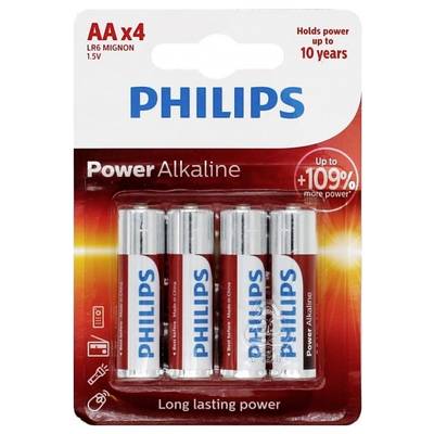 Vier AA-batterijen op een verpakking met het opschrift 'Philips Power Alkaline'. Beloven een langdurige levensduur en 109% meer prestatie.