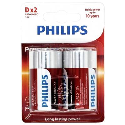 Verpakking met twee Philips D alkalinebatterijen, 1,5V. Langdurige prestatie, tot 10 jaar houdbaar.