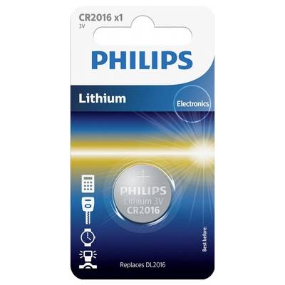Philips lithium-batterij CR2016, 3V. Verpakking met pictogrammen voor gebruik in afstandsbedieningen, autosleutels en apparaten.