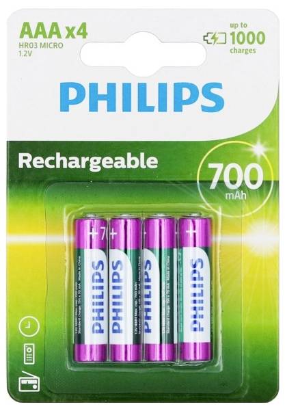 Vier AAA-batterijen van Philips met 700 mAh in verpakking, geschikt voor maximaal 1000 laadcycli.