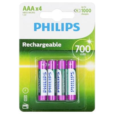 Vier AAA-batterijen van Philips met 700 mAh in verpakking, geschikt voor maximaal 1000 laadcycli.