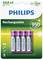 Vier herlaadbare AAA-batterijen van 950 mAh van het merk Philips in een groene verpakking.