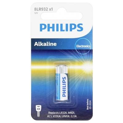 'Philips' Alkaline-batterijverpakking, Model 8LR932 x1, vervangt LR32A, MN21, A23, V23GA, LRV08, E23A, voor elektronica. 12V.