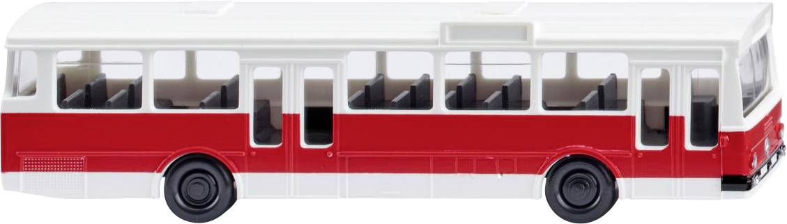 Een modelbus in rood-wit, weergegeven van opzij. Hij heeft zwarte wielen en heldere ramen die de zitrijen aan de binnenkant tonen.