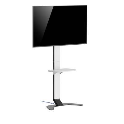 Een grote, zwarte monitor staat op een moderne, verstelbare standaard met daaronder een klein opbergoppervlak.