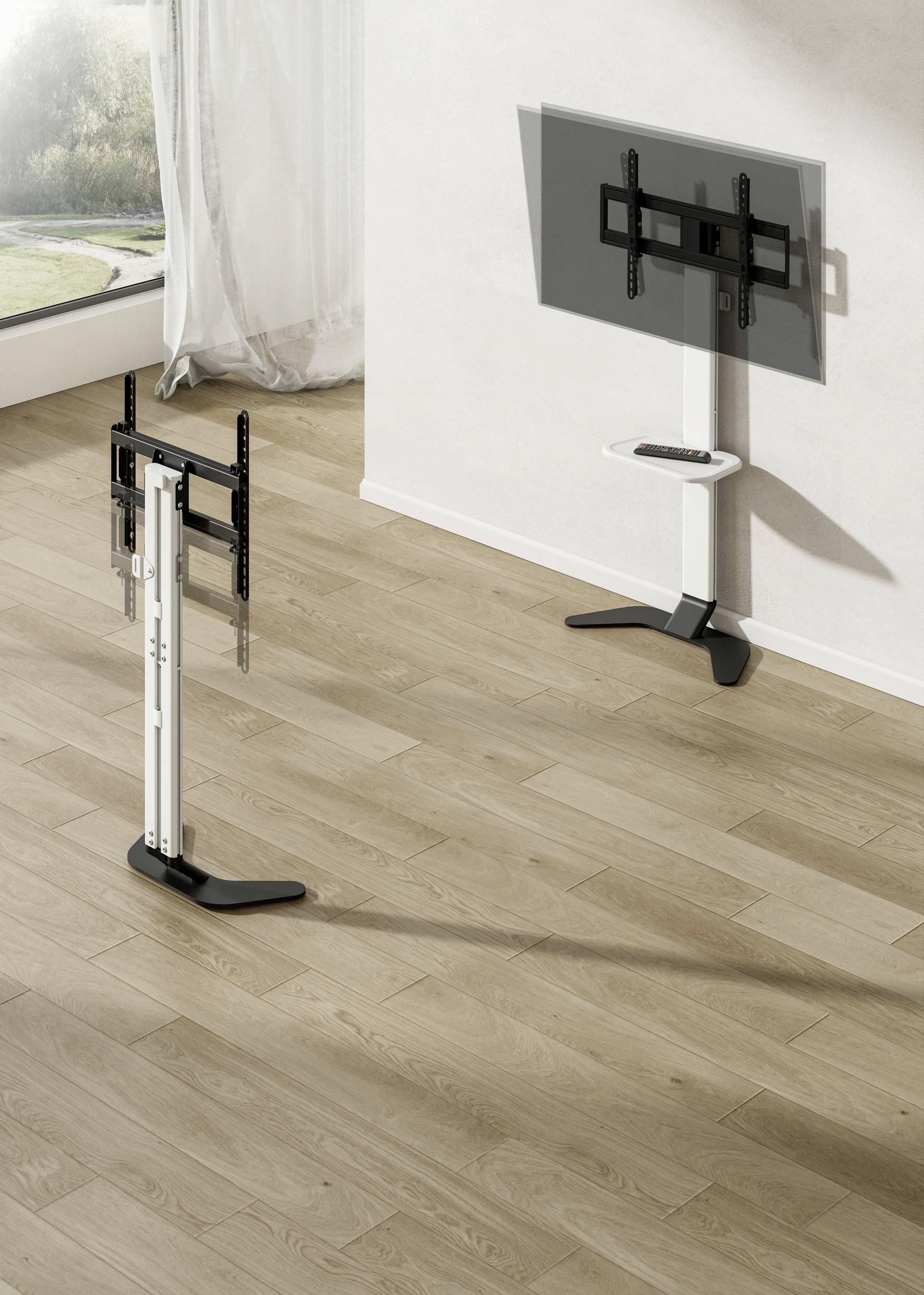 Twee tv-standaards op een houten vloer; een is wit, de andere zwart. Beide hebben schermbevestigingen en staan in een lichte ruimte.